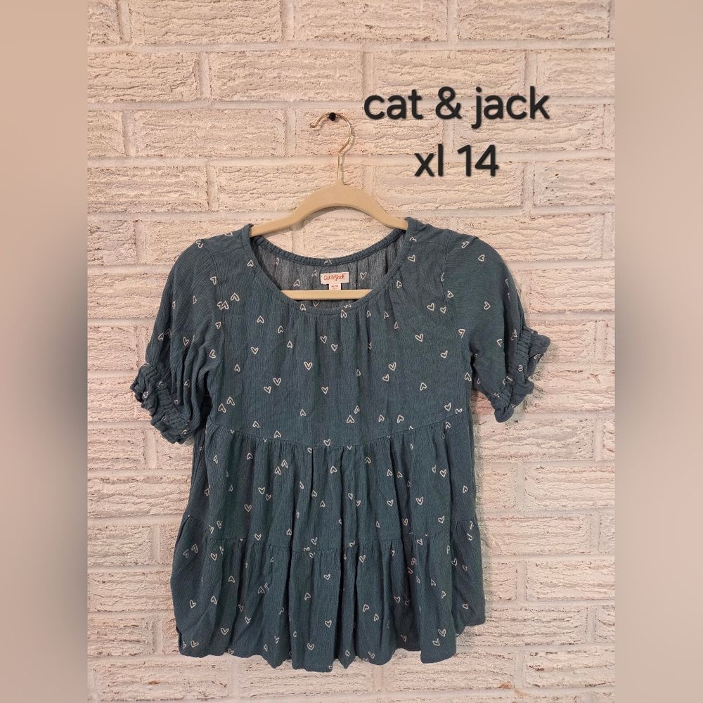 Cat & Jack GIRLS XL 14 Dusty Blue Heart Print Top